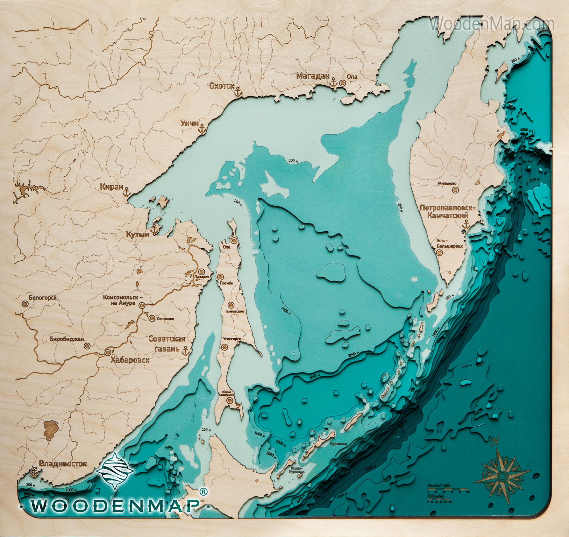 Топографическая карта Охотское море, высота, рельеф